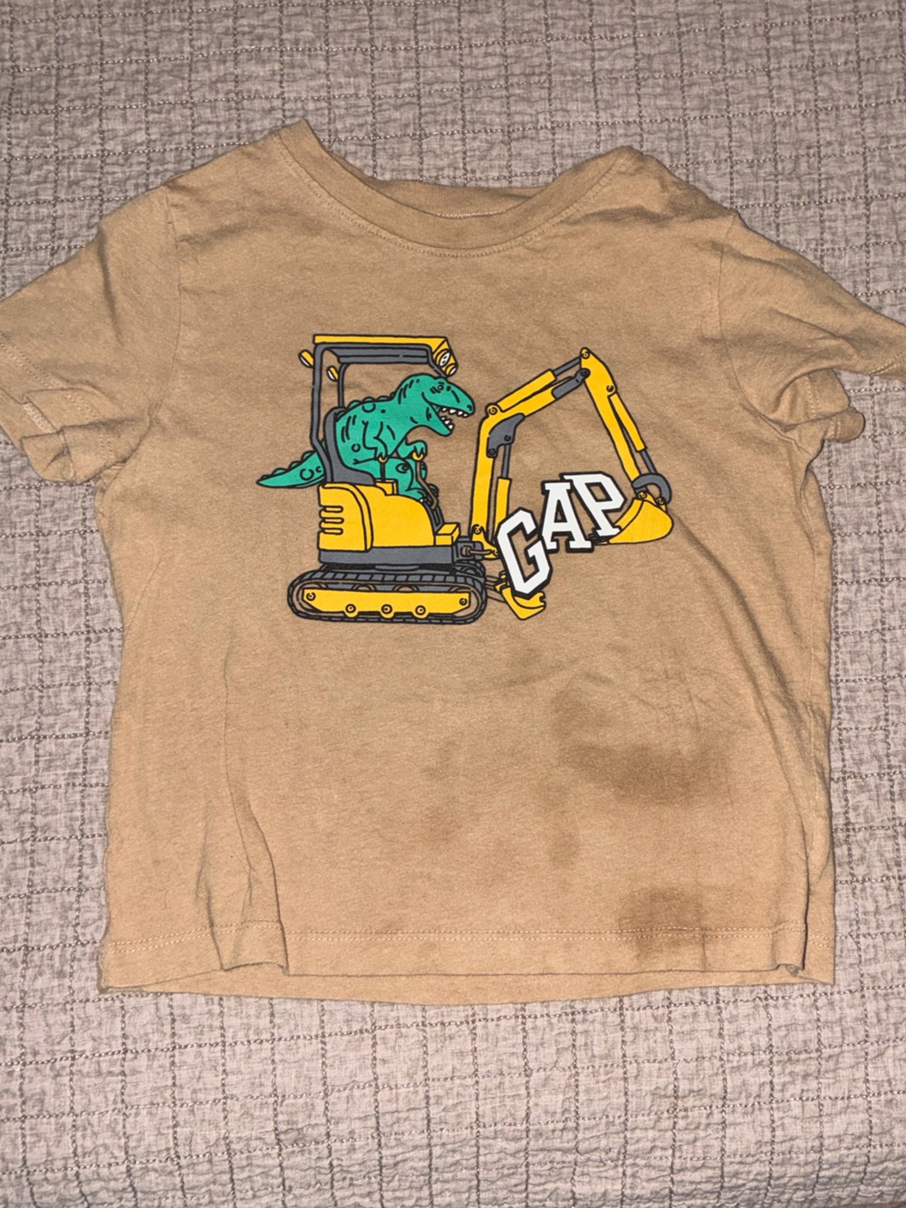 GAP Tan Tee with Yellow Excavator and Teal Dinosaur Graphic